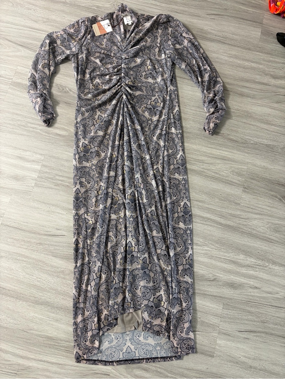 Bliss Paisley Ruched Long Sleeve Maxi Dress - Gray and Blue